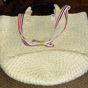 Cream Braided Tote Bag with Striped Ribbon Handles